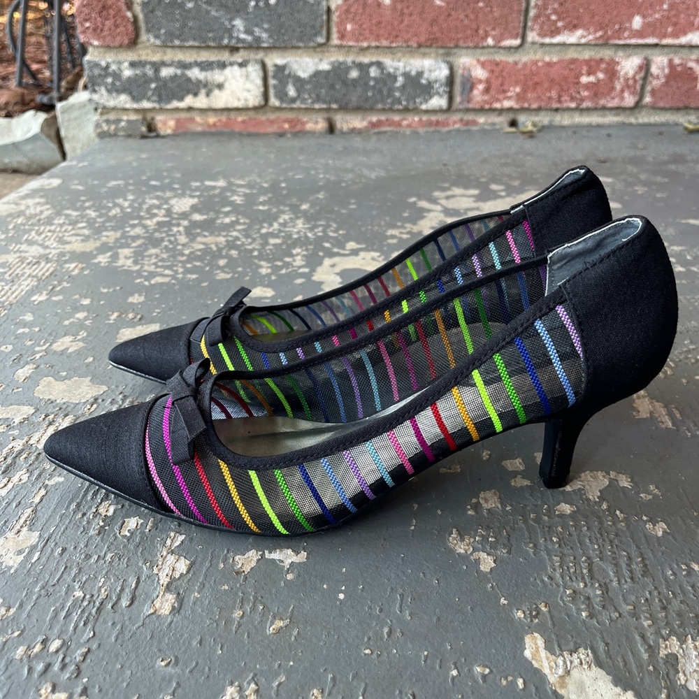 J.Reneé Black Heels with Multicolor Stripe Mesh Detailing
